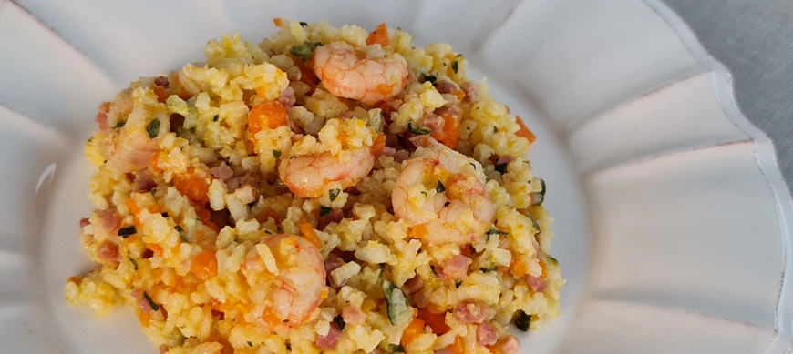 ARROZ CON VERDURAS, GAMBAS Y JAMÓN